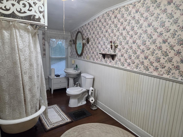 2073 Beulah Ave, East Troy, WI 53120 - full bathroom with toilet, wood finished floors, a wainscoted wall, crown molding, and baseboards