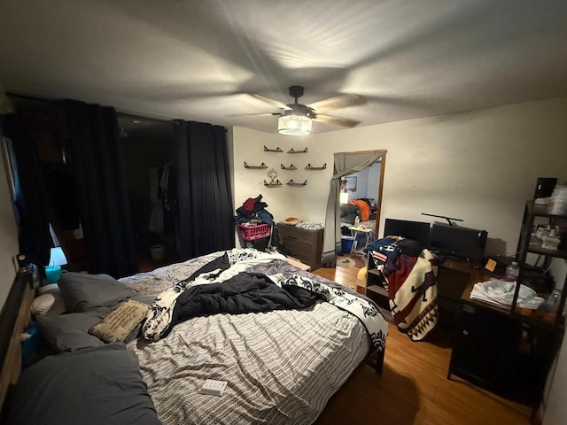 301 S Galena St, South Wayne, WI 53587 - bedroom with wood finished floors and ceiling fan
