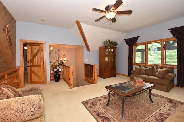 W395S3611 Hardscrabble Rd, Dousman, WI 53118 - living area featuring carpet floors, ceiling fan, a chandelier, and lofted ceiling