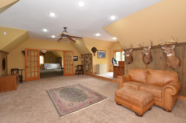 W395S3611 Hardscrabble Rd, Dousman, WI 53118 - carpeted living area featuring recessed lighting, vaulted ceiling, and a ceiling fan