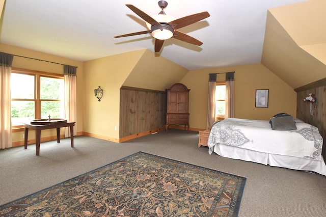 W395S3611 Hardscrabble Rd, Dousman, WI 53118 - bedroom featuring carpet, baseboards, lofted ceiling, and a ceiling fan