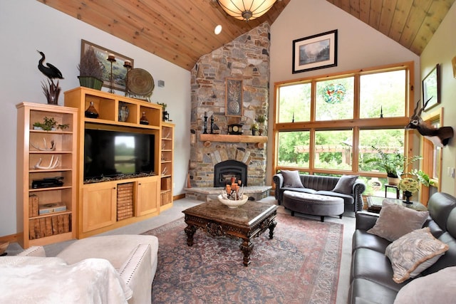 W395S3611 Hardscrabble Rd, Dousman, WI 53118 - living room featuring wooden ceiling, high vaulted ceiling, and a stone fireplace