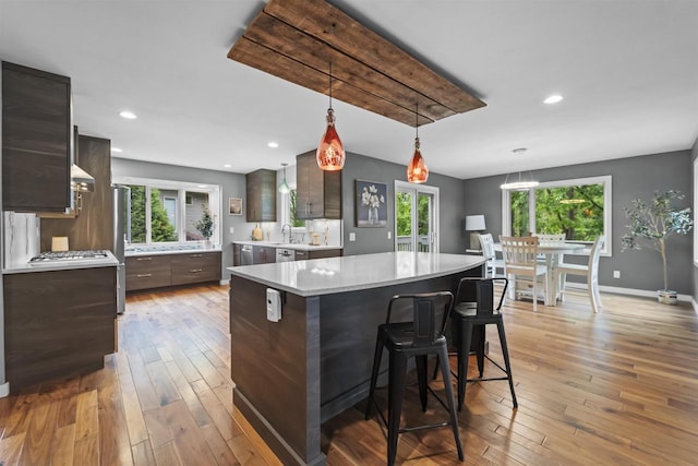 1733 Camelot Dr, Madison, WI 53705 - kitchen featuring dark brown cabinets, light wood-style floors, stainless steel appliances, a center island, and recessed lighting