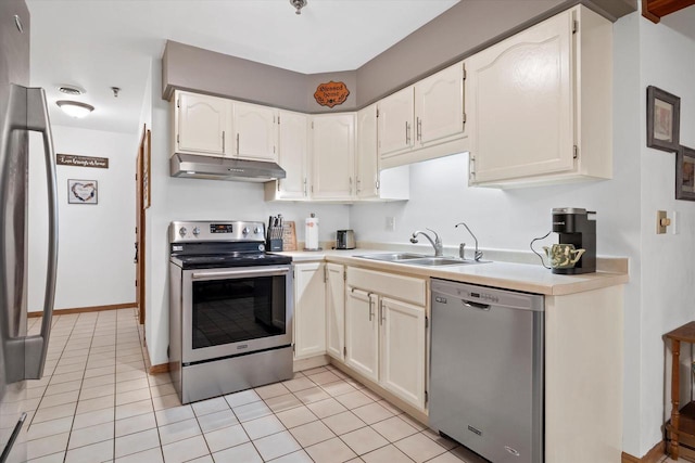 1507 Clarence Ct Unit 5, West Bend, WI 53095 - kitchen with appliances with stainless steel finishes, under cabinet range hood, a sink, and light countertops