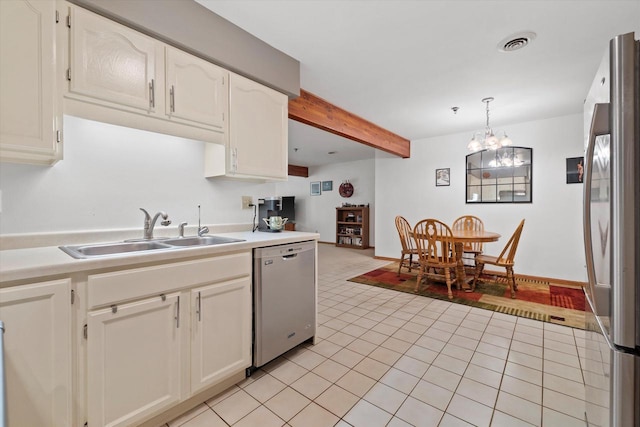 1507 Clarence Ct Unit 5, West Bend, WI 53095 - kitchen with appliances with stainless steel finishes, a sink, beam ceiling, white cabinets, and light countertops