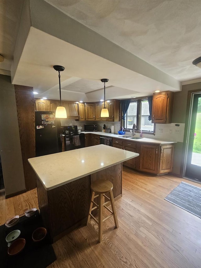 5317 Old C Rd, Boscobel, WI 53805 - kitchen featuring light wood-style floors, a center island, a sink, and black / electric stove