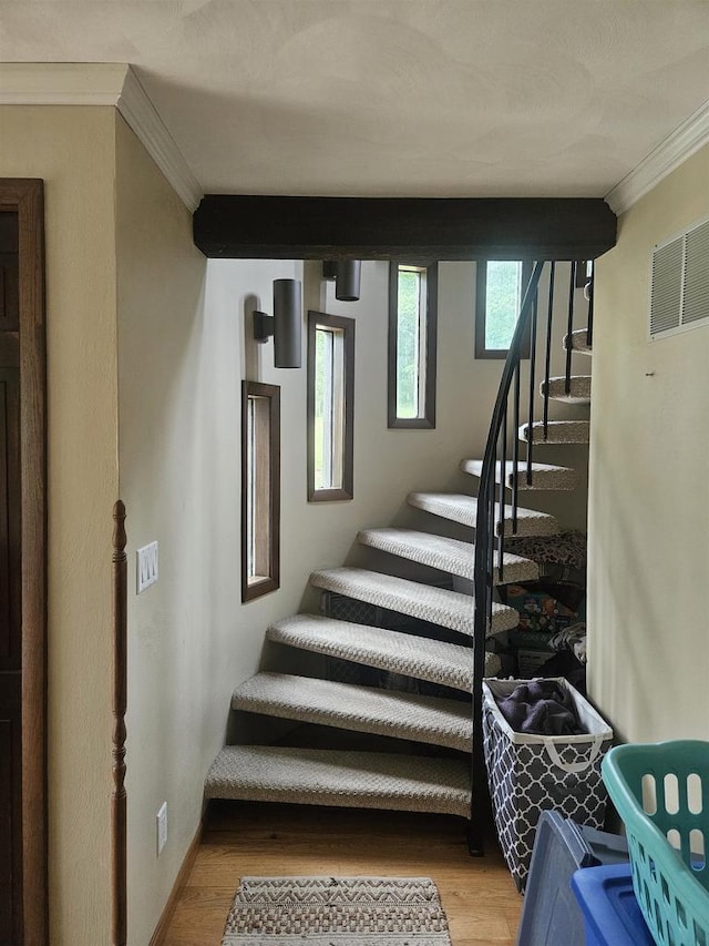 5317 Old C Rd, Boscobel, WI 53805 - staircase featuring crown molding and wood finished floors