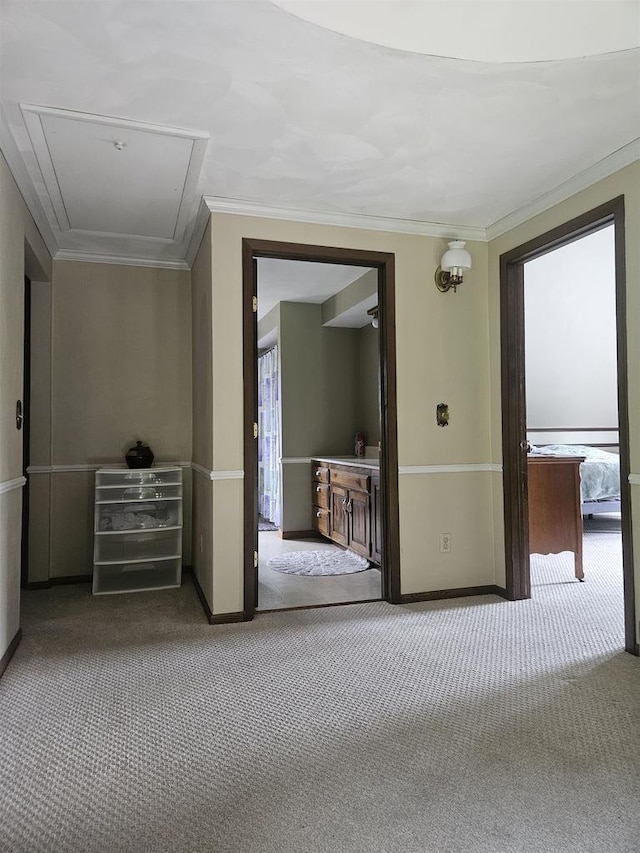 5317 Old C Rd, Boscobel, WI 53805 - carpeted spare room with baseboards, ornamental molding, and attic access