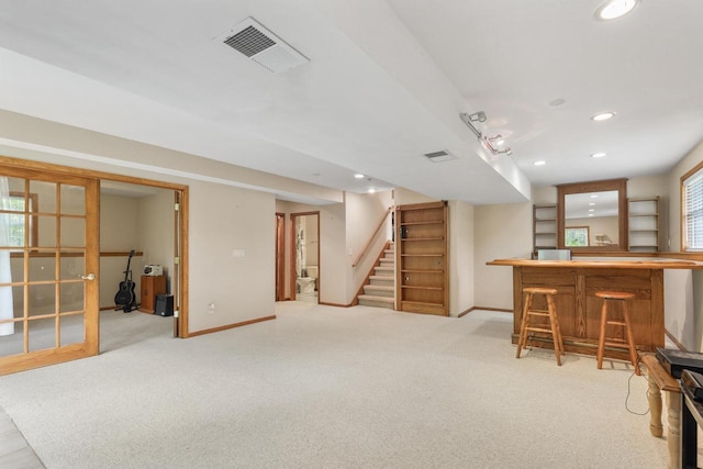 2432 Forest Hill Ct, Waukesha, WI 53188 - indoor dry bar with baseboards, recessed lighting, stairs, and carpet flooring