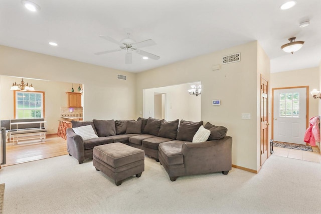 2432 Forest Hill Ct, Waukesha, WI 53188 - living area featuring a chandelier, light colored carpet, ceiling fan, recessed lighting, and baseboards