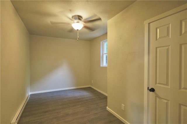 1226 Bellevue Ave, Eau Claire, WI 54703 - empty room featuring baseboard heating, a ceiling fan, baseboards, and dark wood-type flooring