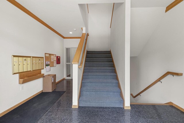 6758 Raymond Rd Unit 109, Madison, WI 53719 - staircase with granite floors, recessed lighting, ornamental molding, and mail area
