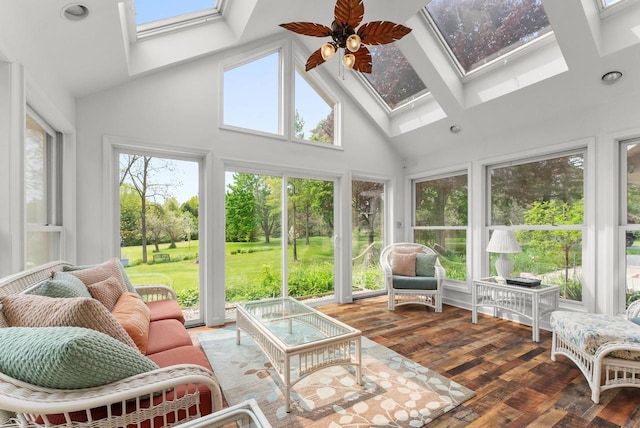 4014 Maplewood Rd, Two Rivers, WI 54241 - sunroom with a skylight, lofted ceiling, and a ceiling fan