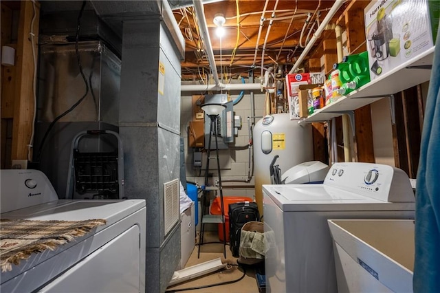 laundry area featuring washer and dryer and water heater