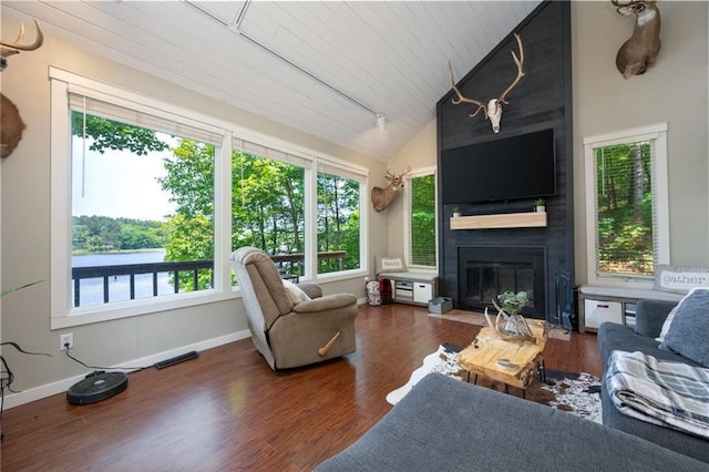 living area with lofted ceiling, plenty of natural light, a large fireplace, wood ceiling, and wood finished floors