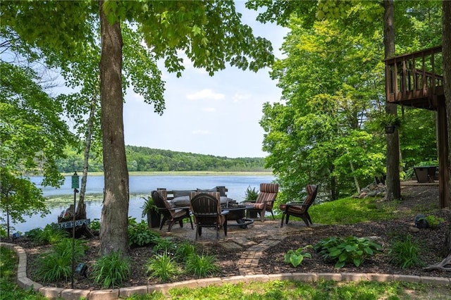 view of patio / terrace featuring a water view