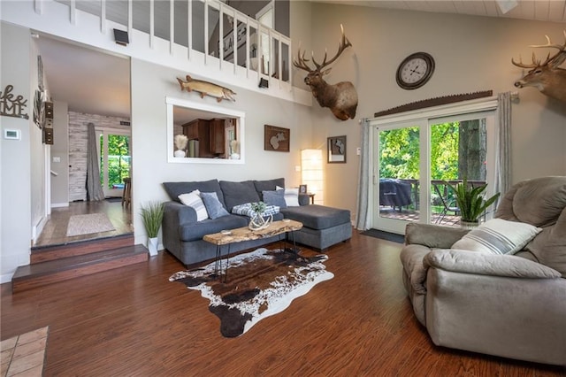 living room featuring high vaulted ceiling and wood finished floors