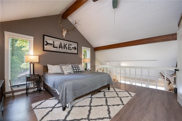 bedroom featuring wood finished floors, multiple windows, and ceiling fan