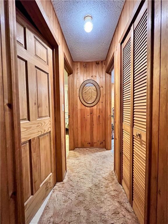 24730 Scenic View Ln, Spooner, WI 54801 - corridor with carpet flooring, a textured ceiling, and wood walls