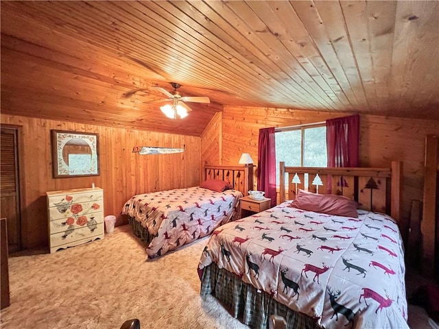 24730 Scenic View Ln, Spooner, WI 54801 - carpeted bedroom featuring wooden ceiling, wood walls, and lofted ceiling