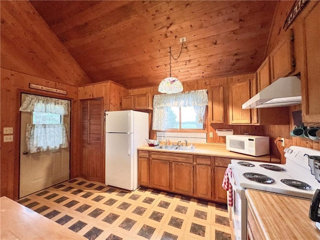 24730 Scenic View Ln, Spooner, WI 54801 - kitchen featuring white appliances, exhaust hood, a sink, lofted ceiling, and wood walls