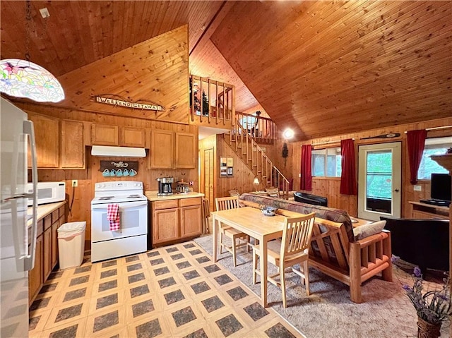 24730 Scenic View Ln, Spooner, WI 54801 - kitchen with white appliances, wood walls, wooden ceiling, high vaulted ceiling, and light countertops