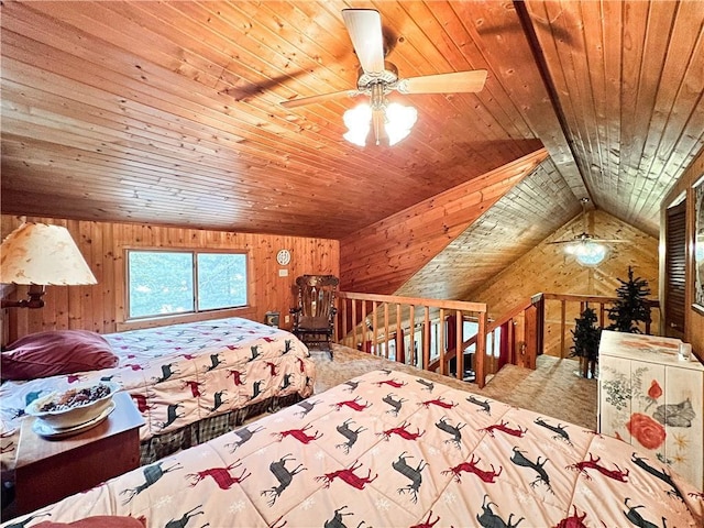 24730 Scenic View Ln, Spooner, WI 54801 - bedroom featuring wood ceiling, wooden walls, vaulted ceiling, carpet, and ceiling fan