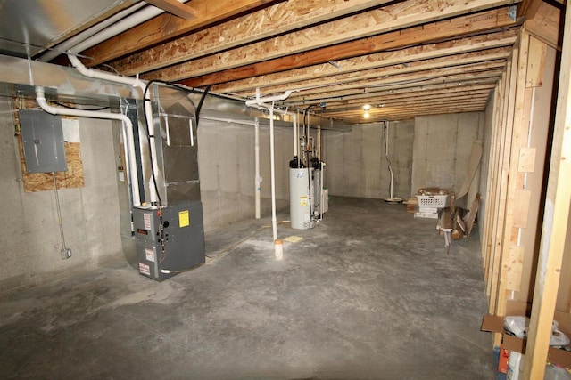 2253 Walnut St, Beloit, WI 53511 - unfinished below grade area with electric panel, heating unit, and water heater