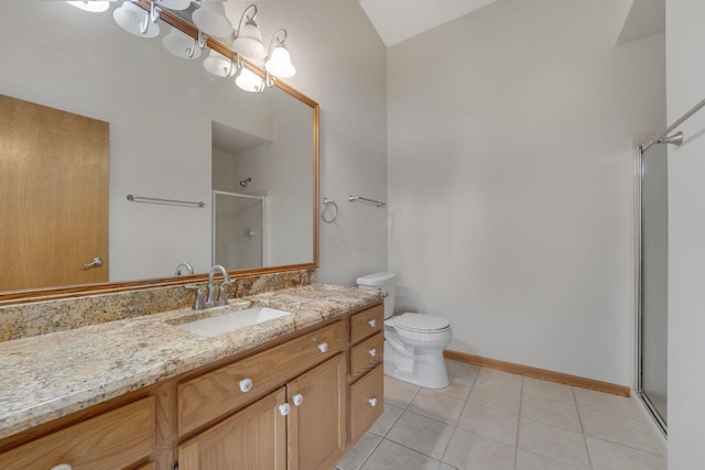 10380 W Whitnall Edge Cir Unit F, Franklin, WI 53132 - bathroom with a stall shower, vanity, tile patterned flooring, toilet, and vaulted ceiling