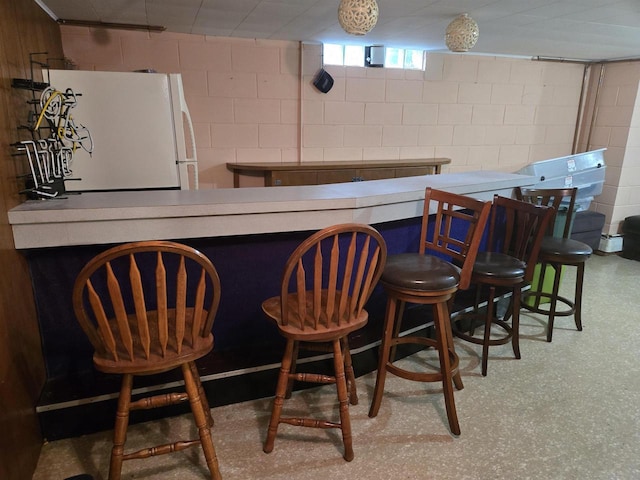 4817 Morgan Dr, Manitowoc, WI 54220 - indoor dry bar with freestanding refrigerator and concrete block wall