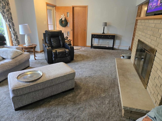 4817 Morgan Dr, Manitowoc, WI 54220 - living room with a brick fireplace, carpet, and baseboards