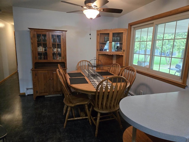 4817 Morgan Dr, Manitowoc, WI 54220 - dining room featuring a baseboard heating unit, ceiling fan, and baseboards