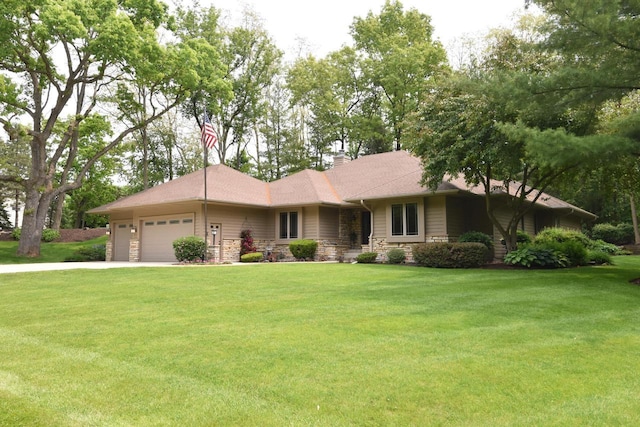 9111 400th Ct, Genoa City, WI 53128 - ranch-style home with a garage, stone siding, and a front yard