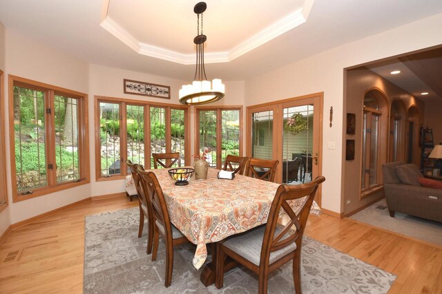 9111 400th Ct, Genoa City, WI 53128 - dining room featuring crown molding, baseboards, light wood-type flooring, and a tray ceiling