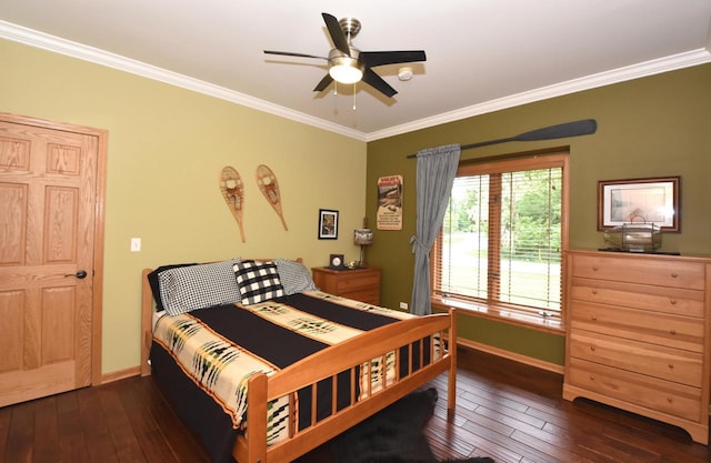 9111 400th Ct, Genoa City, WI 53128 - bedroom featuring baseboards, ornamental molding, dark wood-style flooring, and a ceiling fan