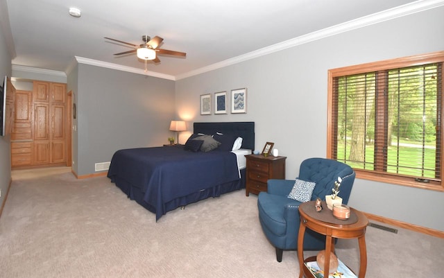 9111 400th Ct, Genoa City, WI 53128 - bedroom featuring crown molding, light carpet, baseboards, and a ceiling fan