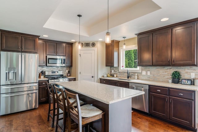 905 W Hubble Ln, Appleton, WI 54913 - kitchen featuring stainless steel appliances, a tray ceiling, dark brown cabinets, dark wood-style flooring, and recessed lighting