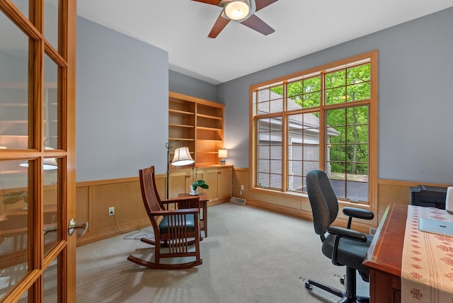 W3847 Timber Lake Rd, East Troy, WI 53120 - office space featuring a ceiling fan, a wainscoted wall, and carpet