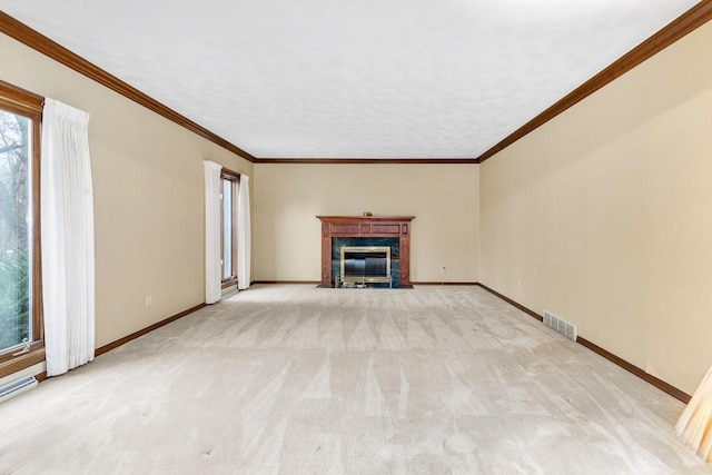 28 W Lake Rd, Menasha, WI 54952 - unfurnished living room with light colored carpet, baseboards, a fireplace, and ornamental molding