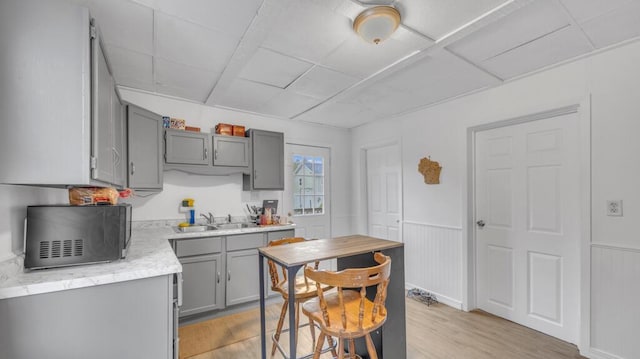 613 N 5th St Unit 611, Sheboygan, WI 53081 - kitchen featuring black microwave, gray cabinets, a sink, light countertops, and light wood-style floors