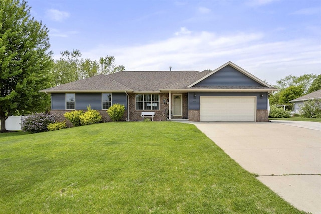 763 Severndroog Way, Howard, WI 54313 - ranch-style house featuring an attached garage, concrete driveway, brick siding, a front lawn, and a shingled roof