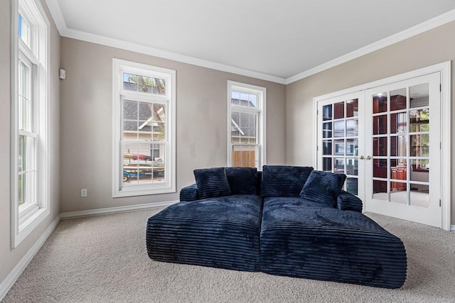 139 Sullivan Ln, De Pere, WI 54115 - living area with carpet floors, french doors, ornamental molding, and baseboards