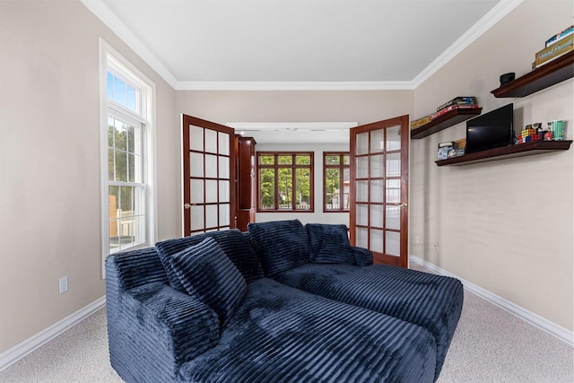 139 Sullivan Ln, De Pere, WI 54115 - living area featuring baseboards, ornamental molding, carpet flooring, and french doors
