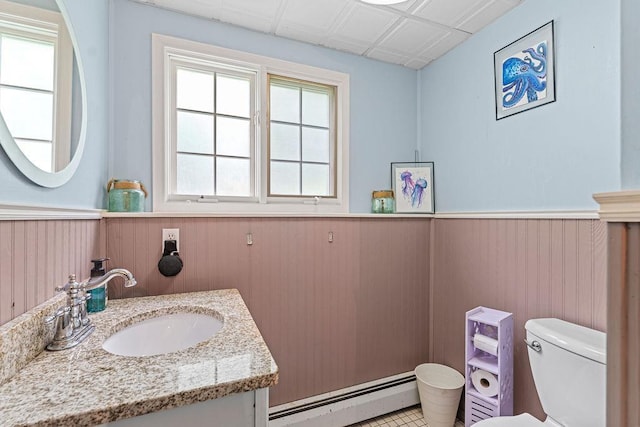 1123 S Park Ave, Neenah, WI 54956 - half bathroom with baseboard heating, wainscoting, vanity, toilet, and wood walls