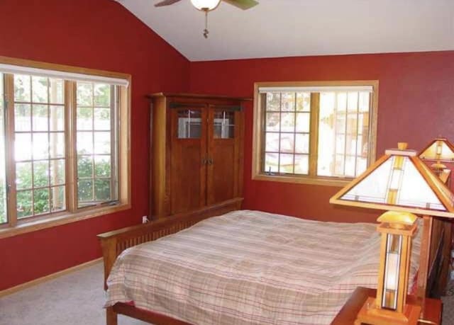10 Vienna Cir, Madison, WI 53718 - carpeted bedroom featuring multiple windows, lofted ceiling, and a ceiling fan