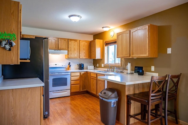 2371 Doris Rd, Reedsburg, WI 53959 - kitchen featuring electric range, under cabinet range hood, a sink, a peninsula, and a breakfast bar area