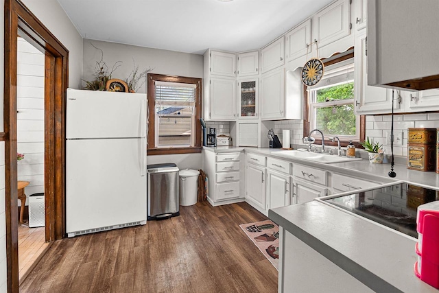 157 E 11th St, Fond Du Lac, WI 54935 - kitchen featuring freestanding refrigerator, a sink, dark wood-type flooring, and white cabinetry