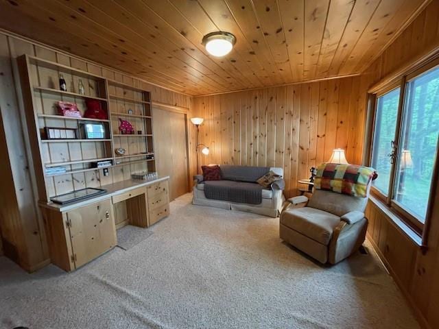 11176 W Plover Ln, Hayward, WI 54843 - sitting room with wooden ceiling, light carpet, and wooden walls
