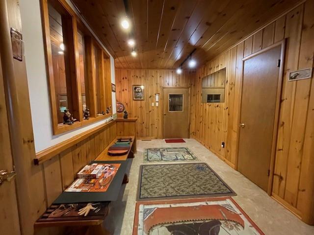 11176 W Plover Ln, Hayward, WI 54843 - hallway with wooden walls and wooden ceiling