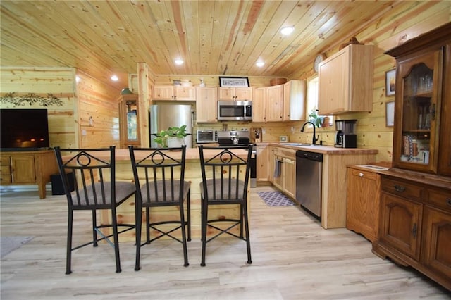 3542 Treasure Island Ter, Danbury, WI 54830 - kitchen with stainless steel appliances, wood ceiling, a sink, light wood-style floors, and recessed lighting